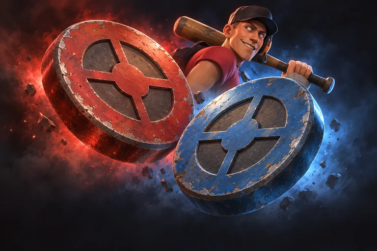 TF2 Scout with worn RED and BLU team coins.
