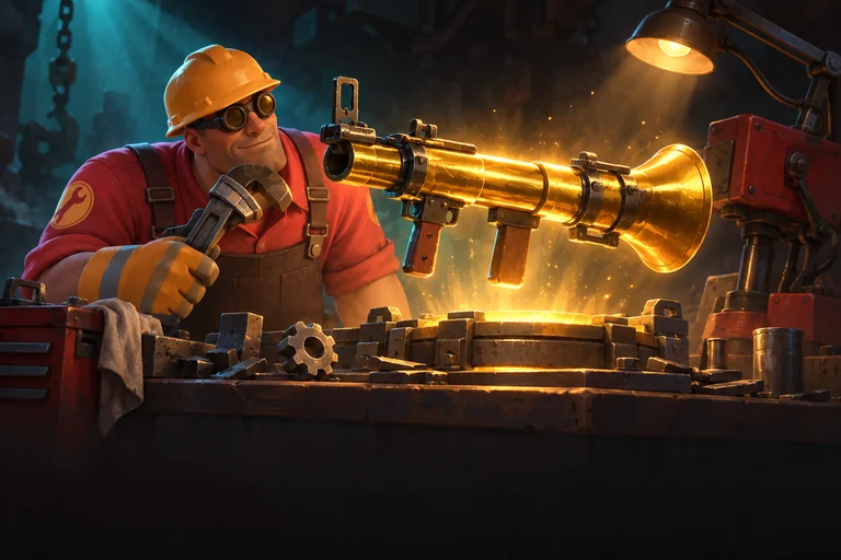 TF2 Engineer crafting a golden rocket launcher at his workbench.