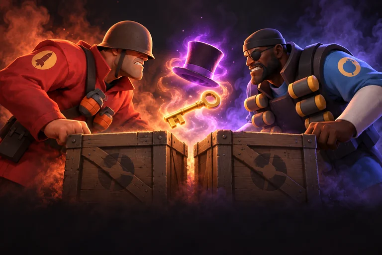 RED Soldier and BLU Demoman facing off over TF2 supply crates.