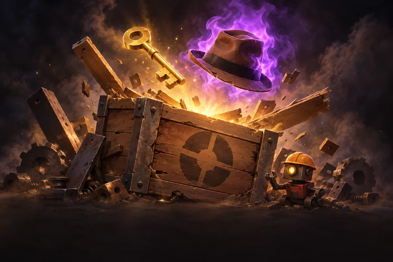 An open TF2 supply crate with a gold key and purple Unusual hat.