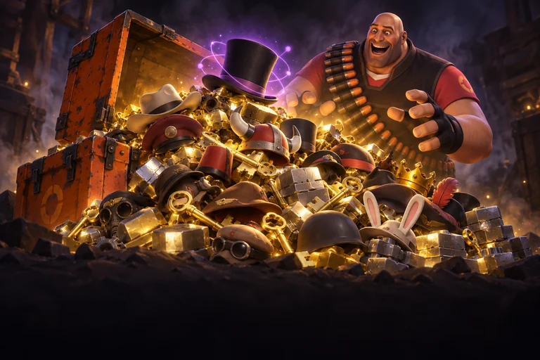 TF2 Heavy behind a treasure of hats, keys and refined metal.