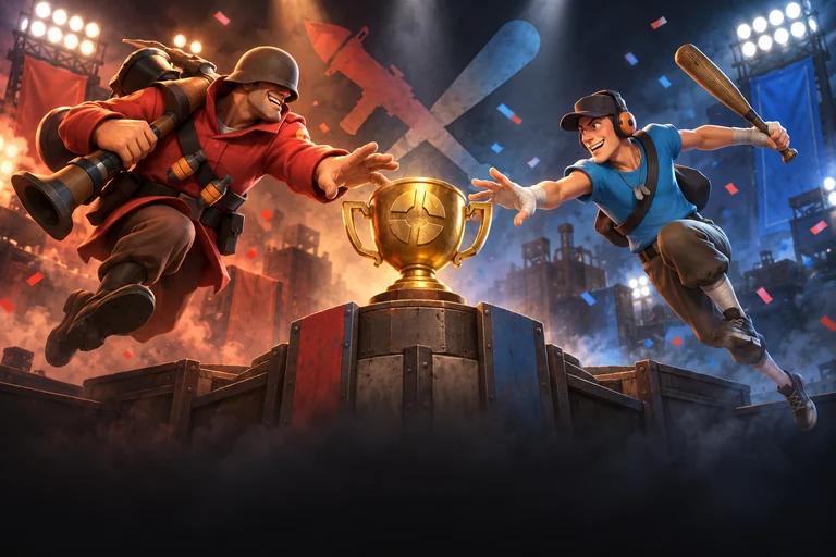 RED Soldier and BLU Scout beside a golden esports trophy.