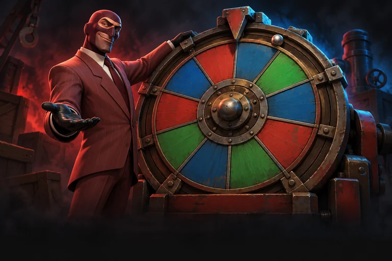 TF2 Spy presenting an industrial RED, BLU and green roulette wheel.